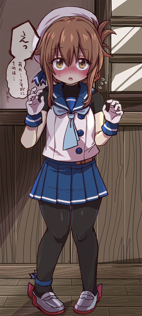 1girl, black_pantyhose, blue_neckerchief, blue_sailor_collar, blue_skirt, blush, brown_eyes, brown_hair