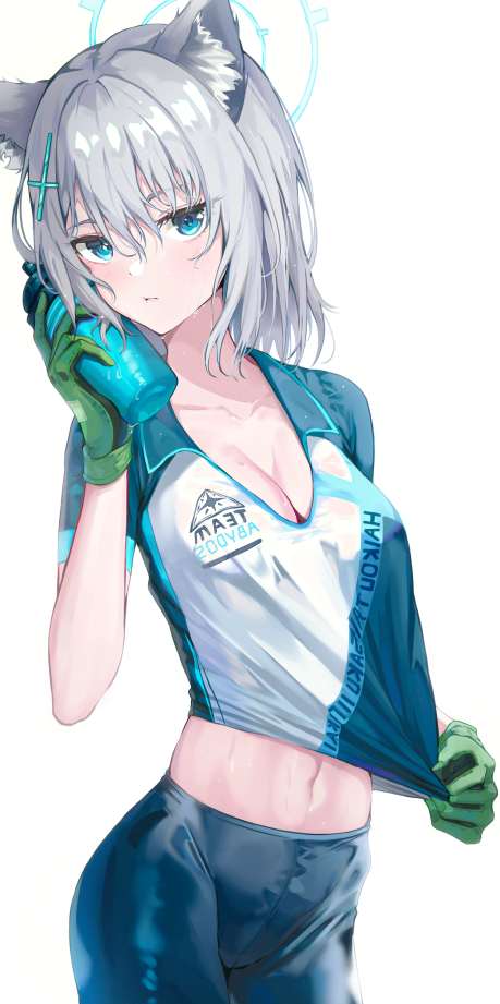 1girl, animal_ear_fluff, animal_ears, biker_clothes, blue_archive, blue_eyes, bottle_to_cheek, breasts