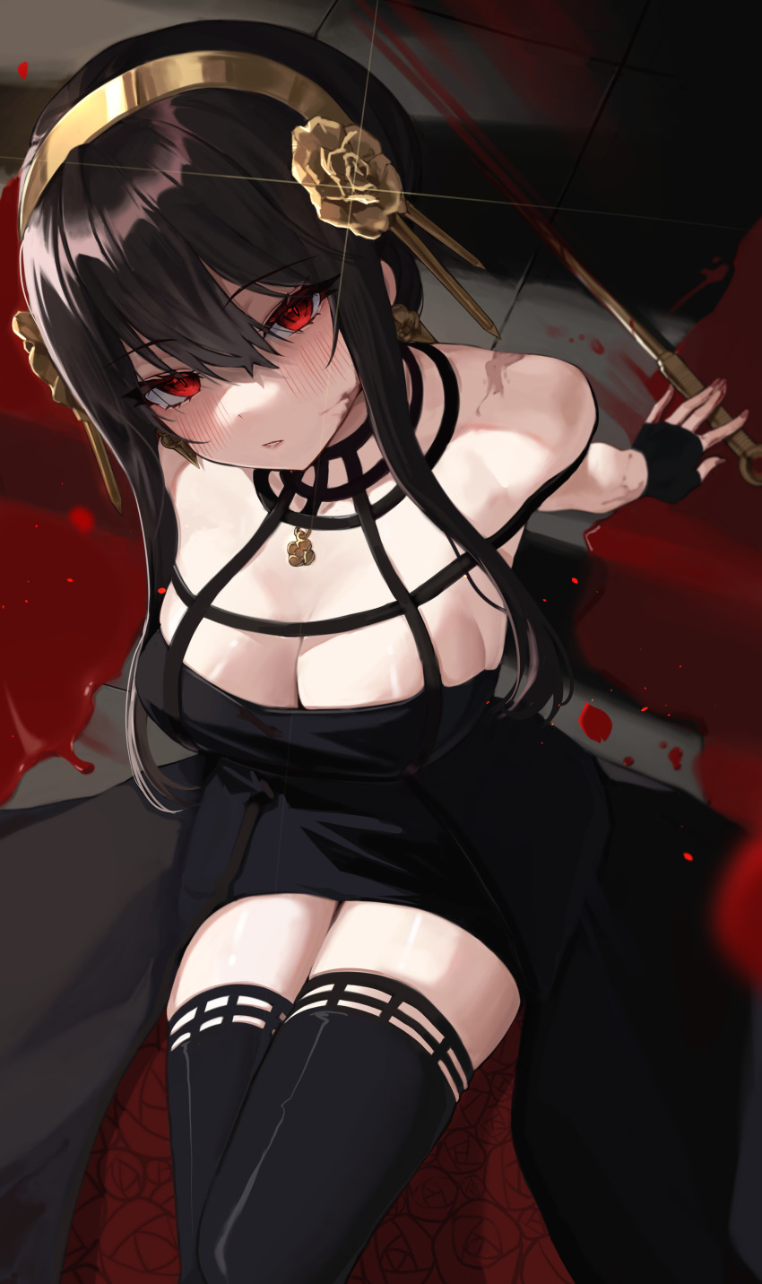 1girl, absurdres, black_gloves, black_hair, blood, blood_on_face, blood_stain, bloody_weapon, blush, breasts, cleavage, dagger, dress, earrings, fingerless_gloves, flower, from_above, glint, gloves, gold, gold_earrings, gold_hairband, hair_flower, hair_ornament, hairband, highres, jewelry, knife, large_breasts, long_hair, looking_at_viewer, looking_up, nail_polish, parted_lips, petals, pomp_(qhtjd0120), red_eyes, red_nails, rose, sidelocks, sitting, solo, spy_x_family, thighhighs, two-sided_dress, two-sided_fabric, weapon, weapon_on_floor, yor_briar, zettai_ryouiki