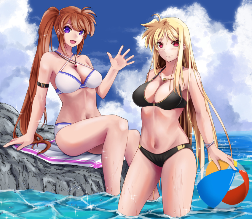 1girl, ball, bardiche_(nanoha), beachball, bikini, black_bikini, blonde_hair, blue_eyes, blue_sky, breasts, brown_hair, cleavage, cloud, contrapposto, cowboy_shot, day, fate_testarossa, jewelry, large_breasts, long_hair, lyrical_nanoha, mahou_shoujo_lyrical_nanoha_strikers, necklace, outdoors, purple_eyes, raising_heart, red_eyes, rock, side_ponytail, sitting, sky, soaking_feet, solo, sougetsu_izuki, swimsuit, takamachi_nanoha, water, white_bikini