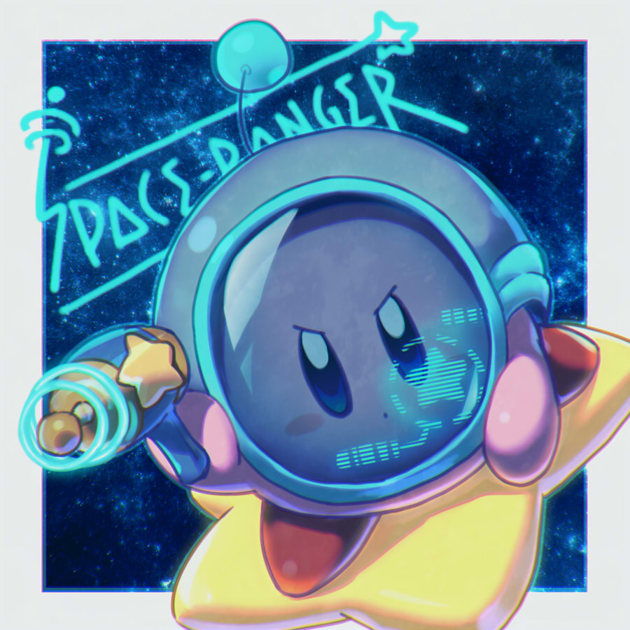 aiming, beam_gun, copy_ability, gun, helmet, holding, holding_gun, holding_weapon, kirby, kirby_(series), kirby_and_the_forgotten_land, nemoppoi, nintendo, ranger_kirby, riding, space, space_helmet, space_ranger_kirby, star_(sky), warp_star, weapon