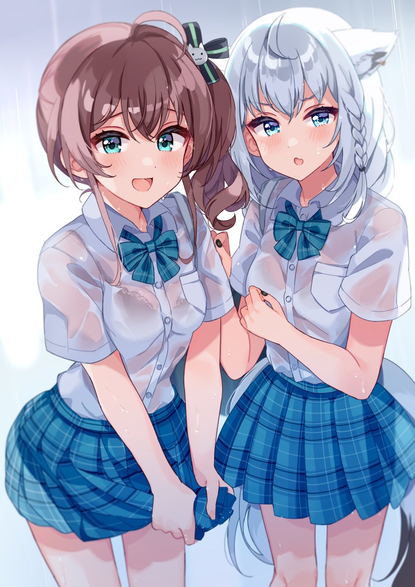 2girls, :d, :o, absurdres, ahoge, animal_ears, aqua_eyes, black_bra