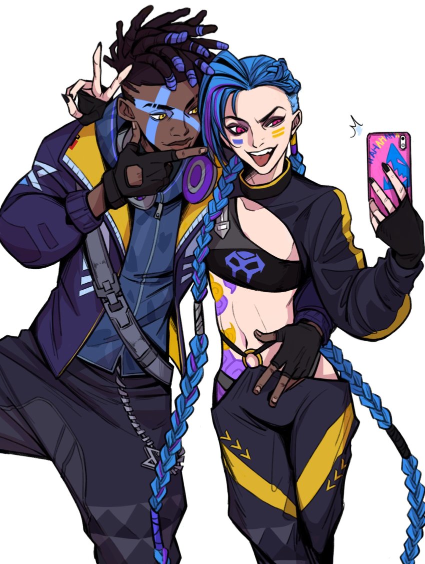1boy, 1girl, alternate_costume, asymmetrical_bangs, black_gloves, black_hair, black_nails, black_pants, blue_hair, braid, breasts, cloud_tattoo, collarbone, d_(xxl30433461), dark-skinned_male, dark_skin, ekko_(league_of_legends), facial_mark, fingerless_gloves, gloves, headphones, highres, hood, hood_down, hoodie, jinx_(league_of_legends), league_of_legends, long_hair, long_sleeves, lowleg, lowleg_pants, multicolored_hair, nail_polish, navel, pants, pink_eyes, selfie, small_breasts, smile, stomach_tattoo, tattoo, teeth, tongue, tongue_out, true_damage_(league_of_legends), true_damage_ekko, twin_braids, twintails, two-tone_hair, upper_teeth_only