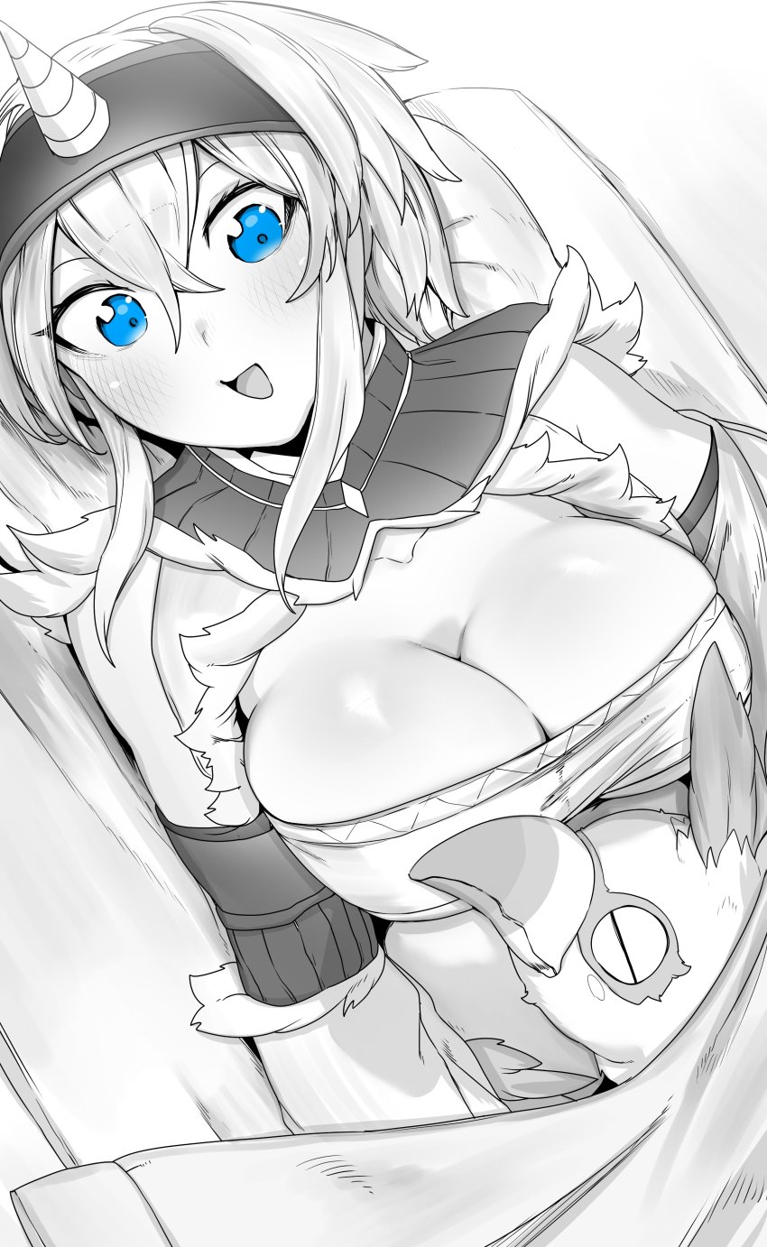 1girl, absurdres, bandeau, blue_eyes, blush, breasts, cleavage, closed_eyes