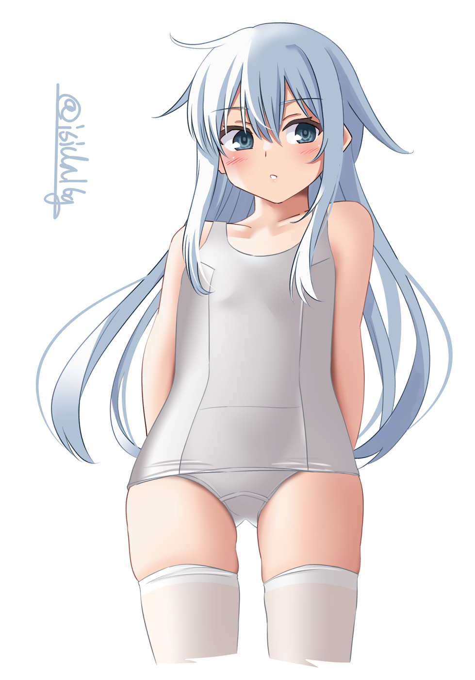 1girl, arms_behind_back, blue_eyes, collarbone, cowboy_shot, flat_chest, gluteal_fold, hair_between_eyes, hibiki_(kancolle), highres, ishida_arata, kantai_collection, long_hair, old_school_swimsuit, one-piece_swimsuit, school_swimsuit, school_swimsuit_flap, simple_background, solo, swimsuit, thighhighs, twitter_username, white_background, white_hair, white_one-piece_swimsuit, white_thighhighs
