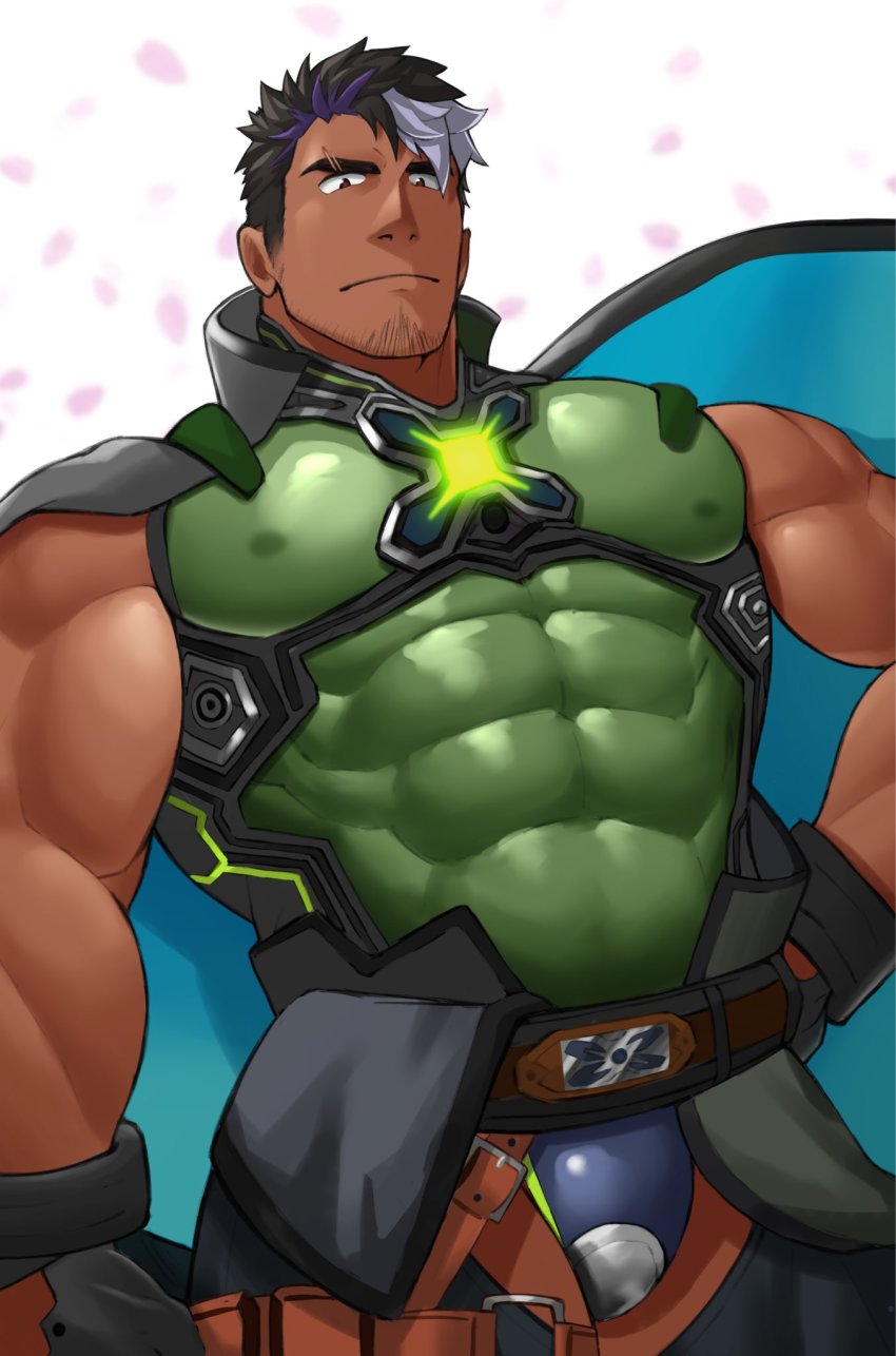 1boy, abs, bara, belt, black_hair, bulge, clothing_cutout, collared_cape
