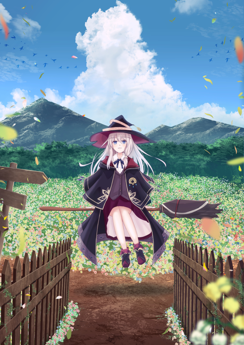 1girl, :3, absurdres, black_cape, black_hat, blouse, blue_eyes, blue_sky