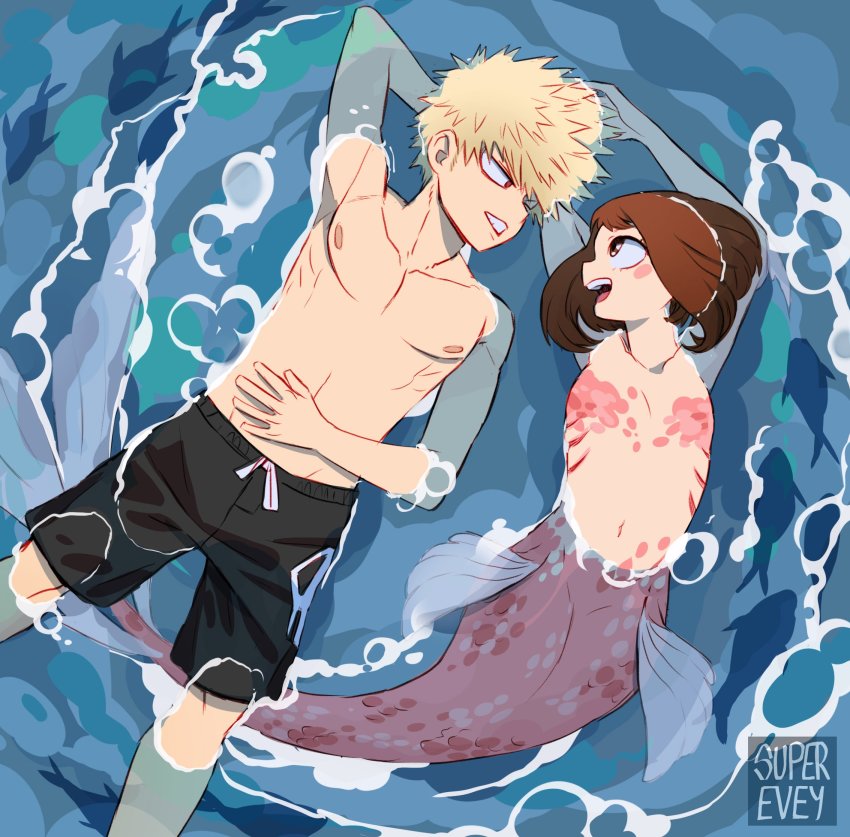 1boy, 1girl, bakugou_katsuki, blonde_hair, blush_stickers, boku_no_hero_academia, brown_hair, highres, kneeless_merfolk, looking_at_another, merfolk, mermaid, monster_girl, navel, open_mouth, pectorals, superevey1, teeth, uraraka_ochako, water
