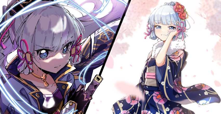 1girl, ayaka_(genshin_impact), black_dog_(ckdfhd), blue_eyes, blunt_bangs, blush, genshin_impact, hair_ornament