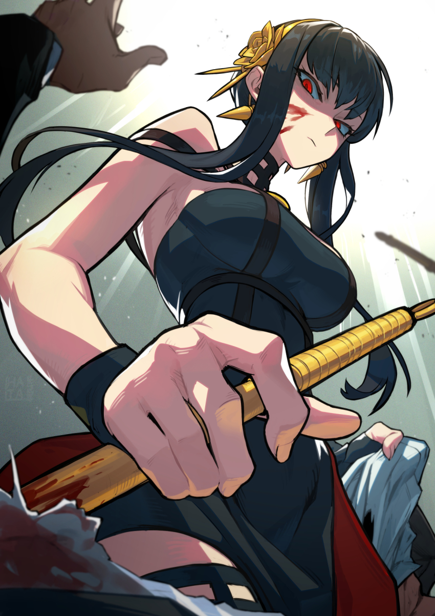 1girl, 2boys, black_dress, black_hair, blood, blood_on_face, bloody_weapon, breasts