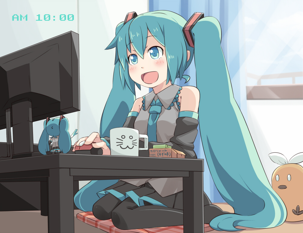 1girl, :3, :d, aqua_eyes, aqua_hair, at_computer, bad_id, bad_piapro_id, caloriemate, character_doll, clock, clockshow, computer, cup, detached_sleeves, doll, female_focus, hachune_miku, hatsune_miku, kagamine_rin, kneeling, masuneko, mug, necktie, nendoroid, open_mouth, sitting, skirt, slice_of_life, smile, solo, soratobazu_(vocaloid), spring_onion, thighhighs, twintails, vocaloid