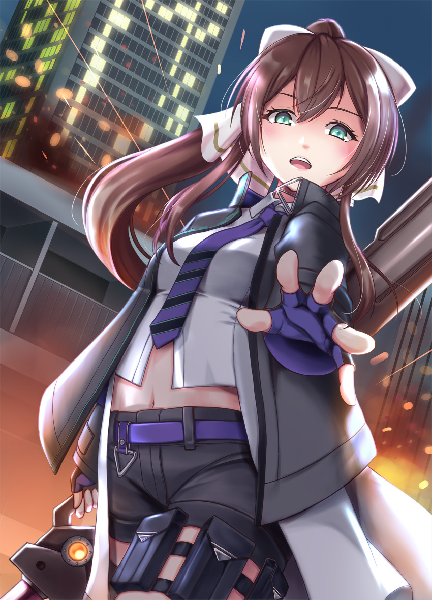 1girl, aizawa_kazuha, aizawa_kazuha_(cosplay), arm_at_side, assault_lily, belt, black_jacket, black_shorts, bow, breasts, brown_hair, building, city, collared_shirt, commentary_request, commission, cosplay, cowboy_shot, crop_top, dutch_angle, embers, fingerless_gloves, fire, floating_hair, from_below, glint, gloves, green_eyes, hair_between_eyes, hair_bow, hand_up, highres, holding, holding_weapon, jacket, light_blush, long_hair, long_sleeves, looking_at_viewer, medium_breasts, midriff, mimkai, navel, necktie, night, official_alternate_costume, open_clothes, open_hand, open_jacket, open_mouth, outdoors, ponytail, pouch, purple_belt, purple_gloves, purple_necktie, reaching, reaching_towards_viewer, serizawa_chikaru, shirt, short_shorts, shorts, sidelocks, skeb_commission, skyscraper, sleeves_past_wrists, solo, standing, stomach, striped_clothes, striped_necktie, teeth, thigh_pouch, upper_teeth_only, weapon, white_bow, white_shirt