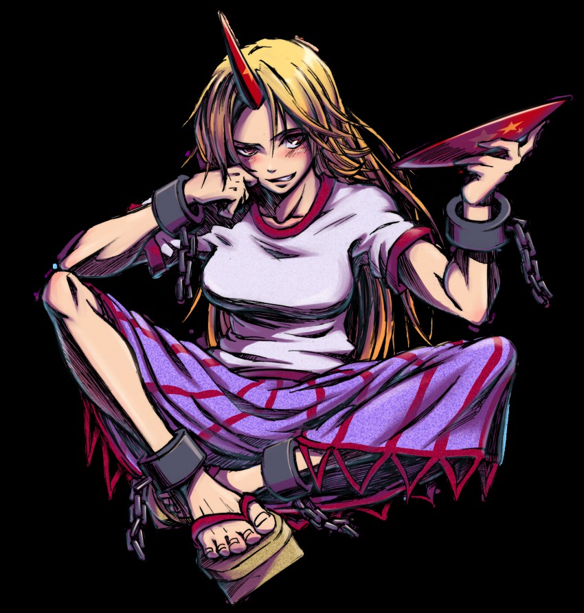 1girl, bad_id, bad_pixiv_id, barefoot, blonde_hair, blush, head_rest, cuffs, cup, drunk, female_focus, full_body, grin, highres, horns, hoshiguma_yuugi, housei, knees, long_hair, red_eyes, sakazuki, sandals, short_sleeves, single_horn, sitting, smile, smirk, solo, touhou, transparent_background, yadonushi_(housei)