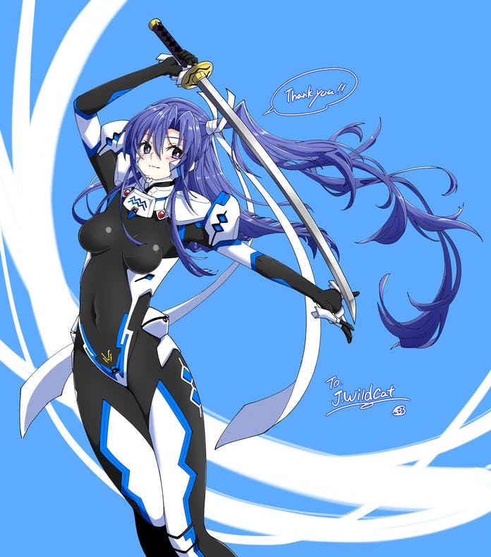 1girl, black_gloves, blue_background, blue_eyes, blue_hair, breasts, bright_pupils, commentary