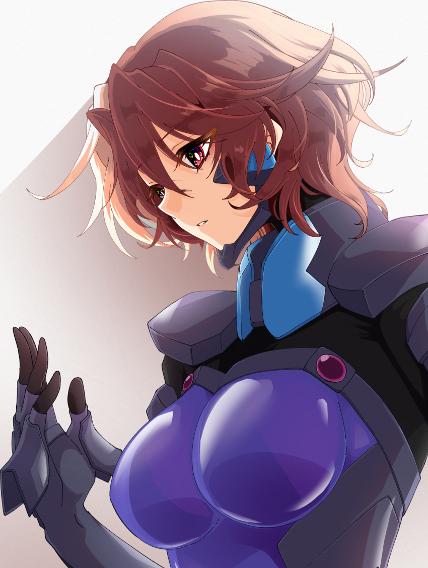 1girl, breasts, bright_pupils, brown_hair, fortified_suit, from_side, gloves, grey_gloves