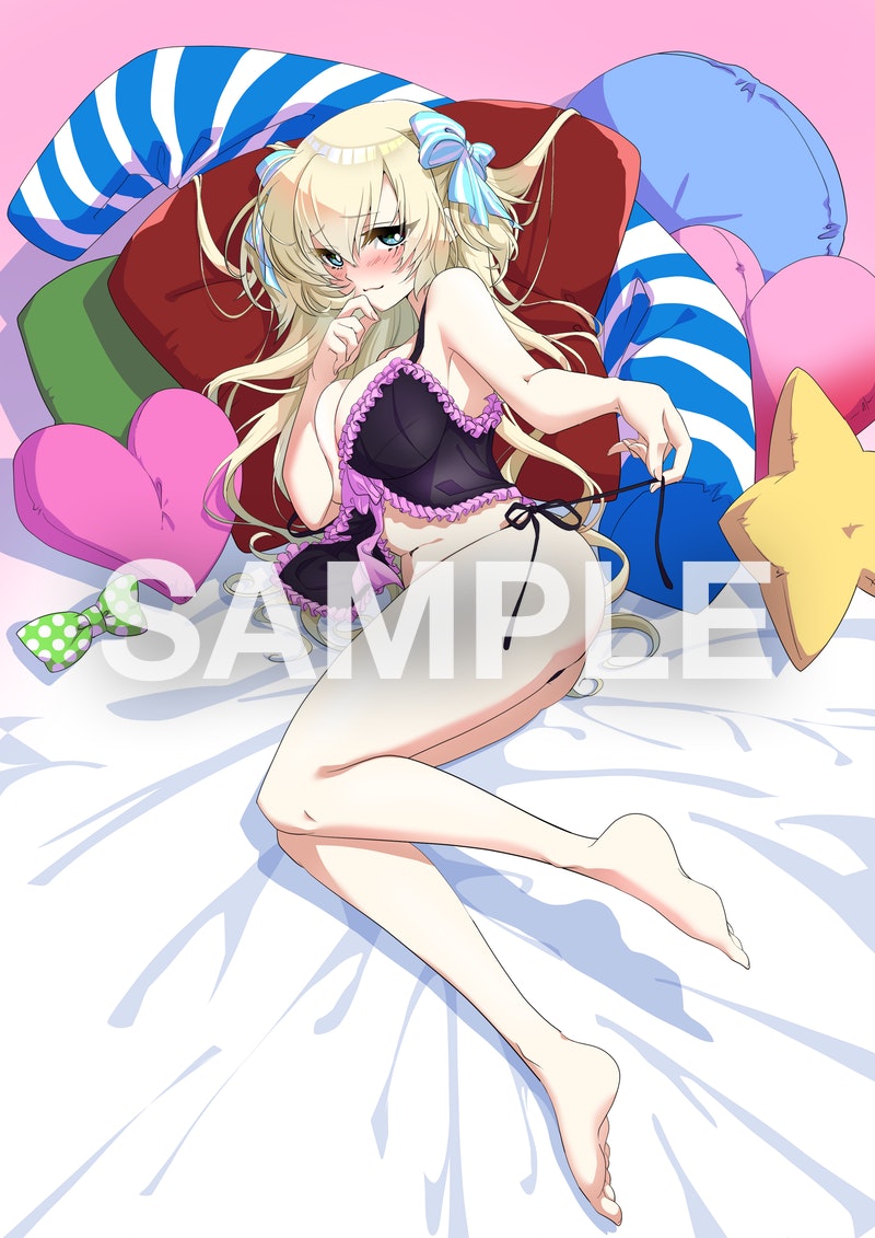 1girl, barefoot, black_panties, blue_bow, bow, commission, hair_bow, heart, heart-shaped_pillow, kamon_rider, lingerie, liz_hohenstein, looking_at_viewer, lying, muv-luv, muv-luv_alternative, navel, on_side, panties, panty_straps, pillow, sample_watermark, schwarzesmarken, skeb_commission, smile, soles, solo, star-shaped_pillow, strap_pull, striped_bow, two_side_up, underwear, watermark