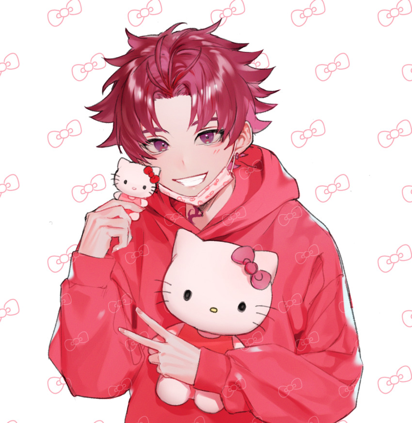 1boy, blush, hello_kitty, hello_kitty_(character), highres, hugging_object, male_focus, mask_pull, multicolored_background, nail_polish, nyamnyam0502, paradox_live, pink_background, red_eyes, red_hair, sanrio, solo, stuffed_animal, stuffed_toy, sugasano_allen, v, white_background