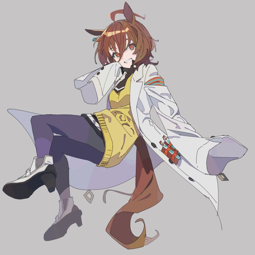 1girl, agnes_tachyon_(tach-nology)_(umamusume), agnes_tachyon_(umamusume), ahoge, animal_ears, boots, brown_hair, coat