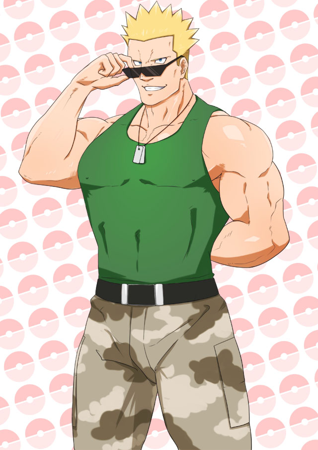1boy, abs, adjusting_eyewear, arm_behind_back, bara, biceps, blonde_hair, blue_eyes