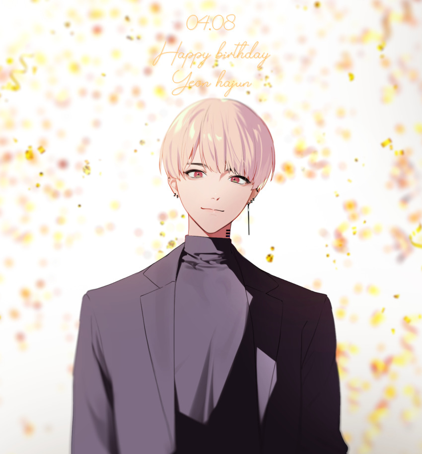 1boy, black_shirt, blouse, dated, ear_piercing, earrings, formal_clothes, happy_birthday