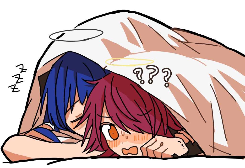 2girls, ?, ??, arknights, blue_hair, blush, closed_eyes, commentary_request, donki_(yeah), exusiai_(arknights), halo, horns, mostima_(arknights), multiple_girls, open_mouth, orange_eyes, red_hair, short_sleeves, simple_background, sweat, white_background, yuri, zzz