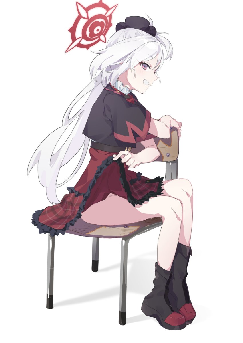 1girl, absurdres, black_boots, blue_archive, boots, chair, clothes_lift, cottone_(highjethoo), frills, from_side, grin, halo, highres, lifting_own_clothes, long_hair, mutsuki_(blue_archive), no_panties, on_chair, ponytail, purple_eyes, school_chair, short_sleeves, side_ponytail, sidelocks, simple_background, sitting, skirt, skirt_lift, smile, solo, white_background, white_hair