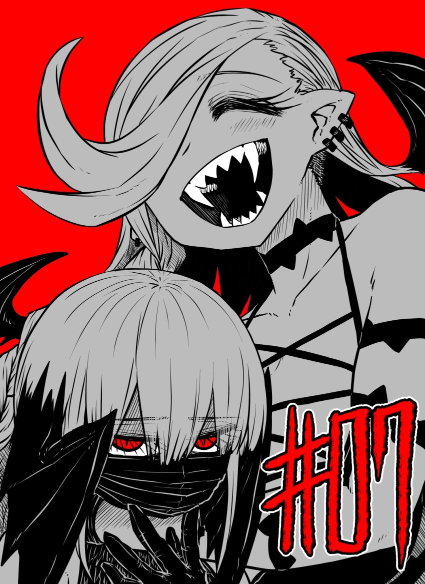 2girls, asymmetrical_gloves, black_dress, black_footwear, black_gloves, black_mask, black_tail, black_wings, boots, braid, braided_ponytail, breasts, chapter_number, cleavage, dahila_(heal_&amp;_squeeze), dress, elbow_gloves, facial_mark, gloves, greyscale_with_colored_background, hair_over_one_eye, head_wings, heal_&amp;_squeeze, height_difference, highres, huge_breasts, kikyou_(heal_&amp;_squeeze), large_breasts, limited_palette, long_hair, mask, multiple_girls, red_background, red_eyes, sharp_teeth, simple_background, tail, teeth, thighhighs, vampire, wings, yakunitatsu_node_chi_o_kudasai, zyugoya