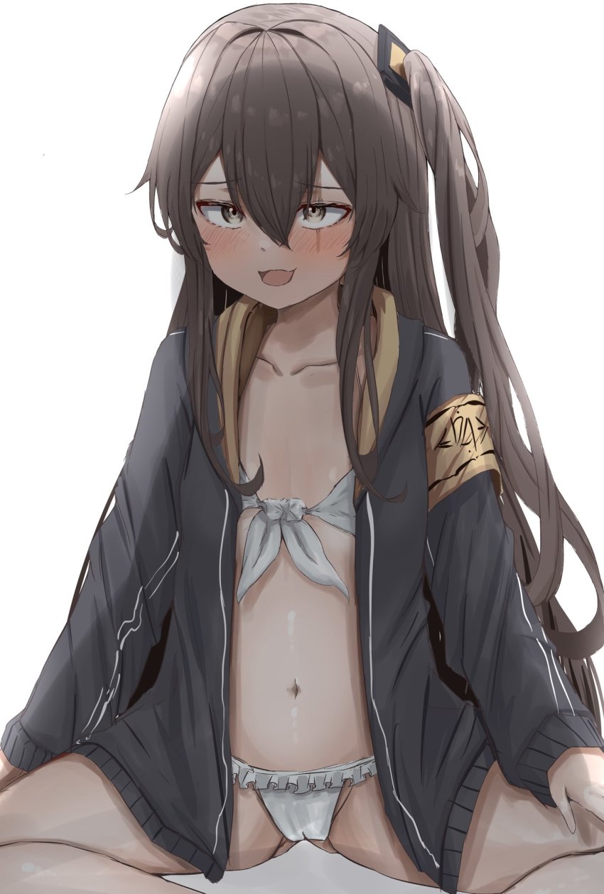 1girl, 404_logo_(girls'_frontline), :d, armband, bikini, bikini_under_clothes, black_jacket, blush