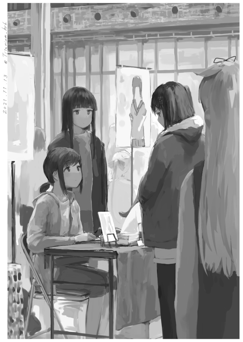 5girls, absurdres, akigumo_(kancolle), alternate_costume, blunt_bangs, commentary_request, convention, dated