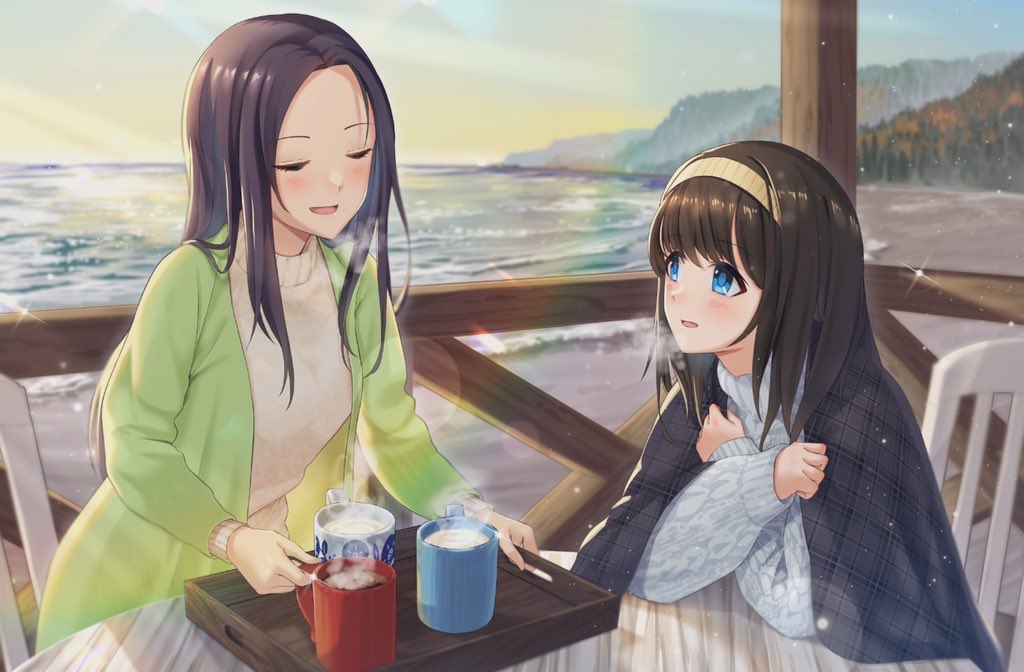 2girls, argyle_clothes, argyle_sweater, beach, black_hair, blurry, blush, bokeh