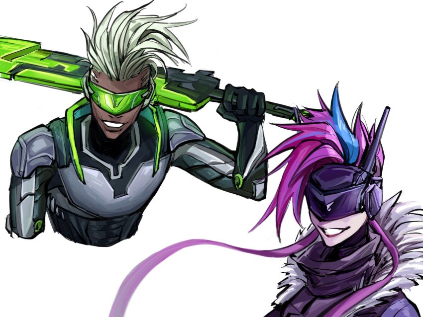 android, armor, blue_hair, cropped_torso, d_(xxl30433461), dark-skinned_male, dark_skin, ekko_(league_of_legends), goggles, grey_background, grin, highres, holding, holding_sword, holding_weapon, jinx_(league_of_legends), league_of_legends, long_hair, multicolored_hair, over_shoulder, pale_skin, pink_hair, portrait, power_armor, project:_ekko, project:_jinx, project_(league_of_legends), simple_background, smile, sword, teeth, tinted_eyewear, two-tone_hair, weapon, weapon_over_shoulder