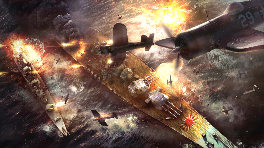 3d, absurdres, action, aircraft, airplane, battle, battleship, cannon, commentary, copyright_request, damaged, deck, deck_gun, destroyer, explosion, fire, firing, flying, from_above, glowing, highres, japanese_flag, military, military_vehicle, naval_battle, no_humans, ocean, outdoors, photorealistic, projectile_trail, propeller_fighter, realistic, ship, ship_turret, smoke, togman-studio, vehicle_focus, warship, water, watercraft, world_war_ii, yamato_(battleship)