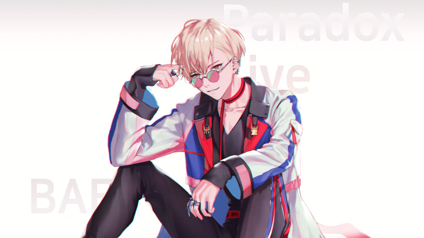 1boy, copyright_name, ear_piercing, glasses, highres, jacket, jewelry, long_sleeves