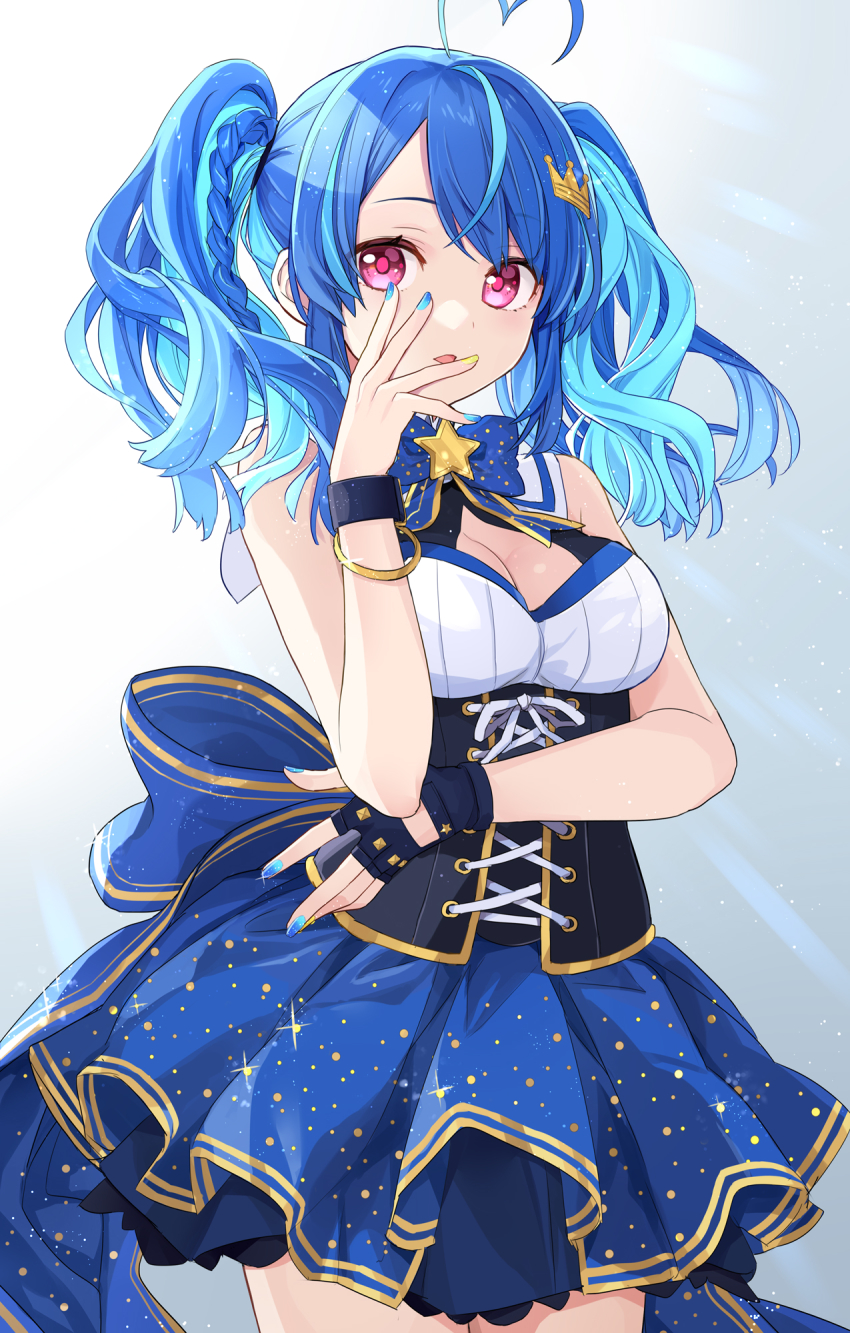 1girl, ahoge, alive_musix, blue_bow, blue_bowtie, blue_hair, bow, bowtie