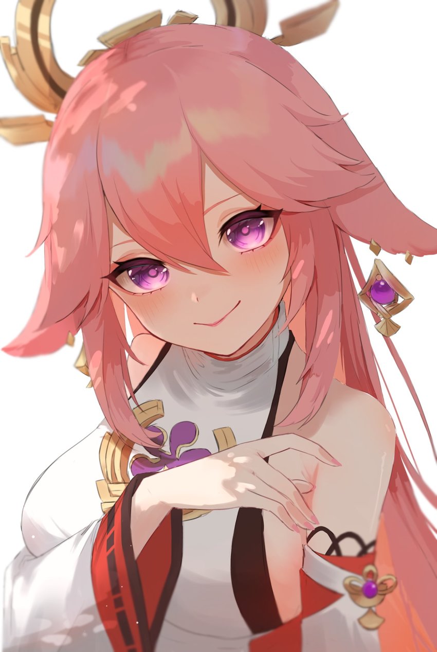 1girl, blush, breasts, detached_sleeves, eyeshadow, genshin_impact, hair_between_eyes, halterneck, head_tilt, highres, large_breasts, long_hair, looking_at_viewer, makeup, massuru_jojoen, pink_eyeshadow, pink_hair, purple_eyes, shirt, sideboob, smile, solo, white_background, white_shirt, yae_miko