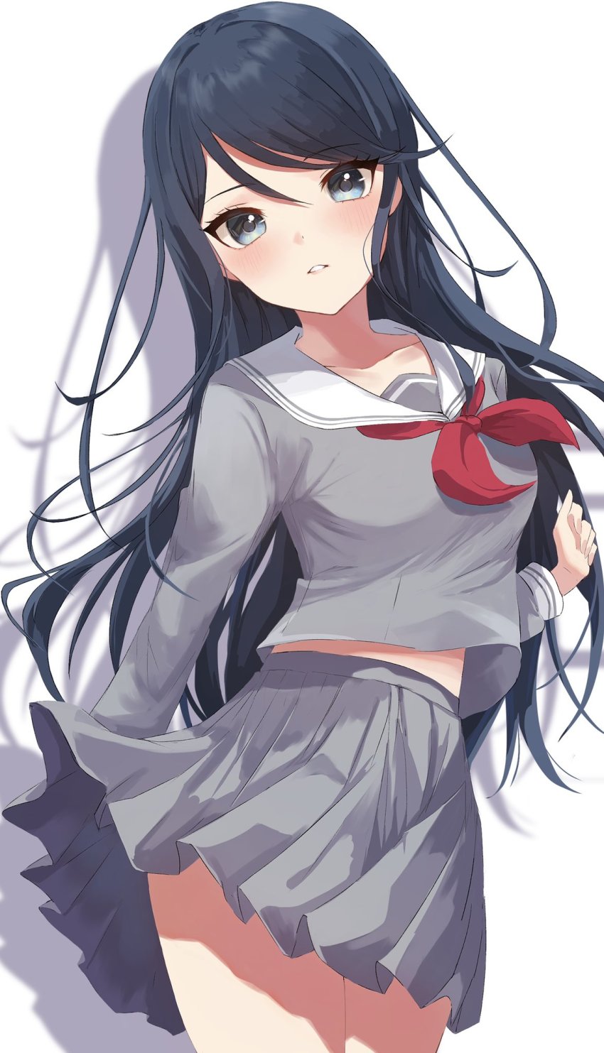 1girl, black_eyes, black_hair, blush, breasts, clenched_hand, grey_serafuku, grey_shirt, head_tilt, highres, hoshino_ichika_(project_sekai), massuru_jojoen, medium_breasts, neckerchief, parted_lips, project_sekai, red_neckerchief, red_skirt, school_uniform, serafuku, shadow, shirt, skirt, solo, white_background