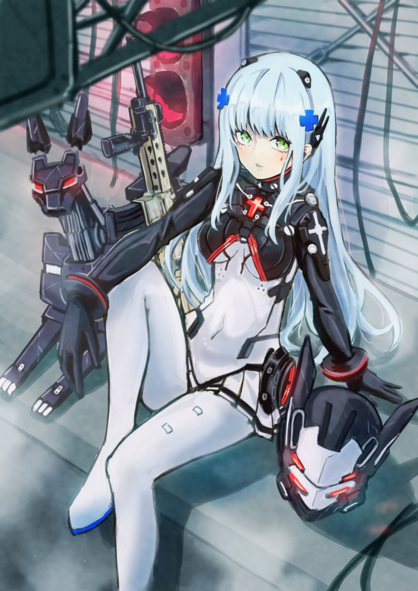 1girl, akaimame, armored_bodysuit, assault_rifle, black_bodysuit, blunt_bangs, bodysuit, breasts, covered_navel, cross_hair_ornament, facial_mark, girls'_frontline, green_eyes, gun, h&amp;k_hk416, hair_ornament, highres, hk416_(girls'_frontline), hk416_(midnight_evangelion)_(girls'_frontline), long_hair, medium_breasts, multicolored_bodysuit, official_alternate_costume, rifle, silver_hair, sitting, solo, tattoo, teardrop_facial_mark, teardrop_tattoo, weapon, white_bodysuit
