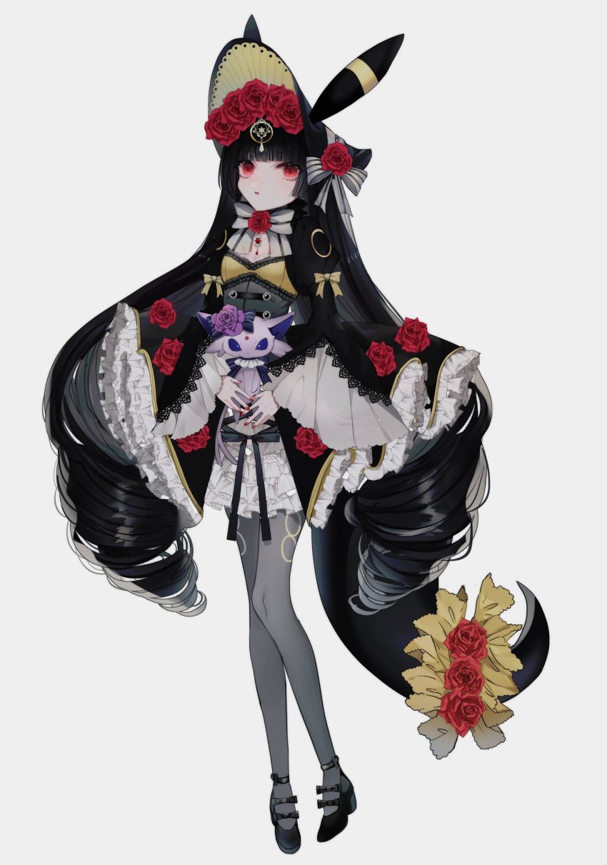 1girl, :o, animal_ears, black_corset, black_dress, black_footwear, black_hair, blunt_bangs