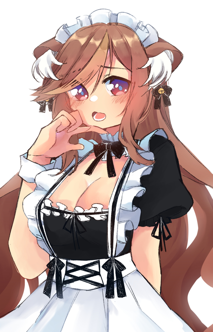 1girl, alternate_costume, animal_ear_fluff, animal_ears, apron, black_bow, black_dress, bow, breasts, choker, cleavage, commentary, dress, english_commentary, frilled_choker, frills, hazumi_aileen, highres, indie_virtual_youtuber, leech_(leecchie), lion_ears, lion_girl, long_hair, maid_apron, maid_headdress, medium_breasts, open_mouth, solo, very_long_hair, virtual_youtuber, white_background, wrist_cuffs