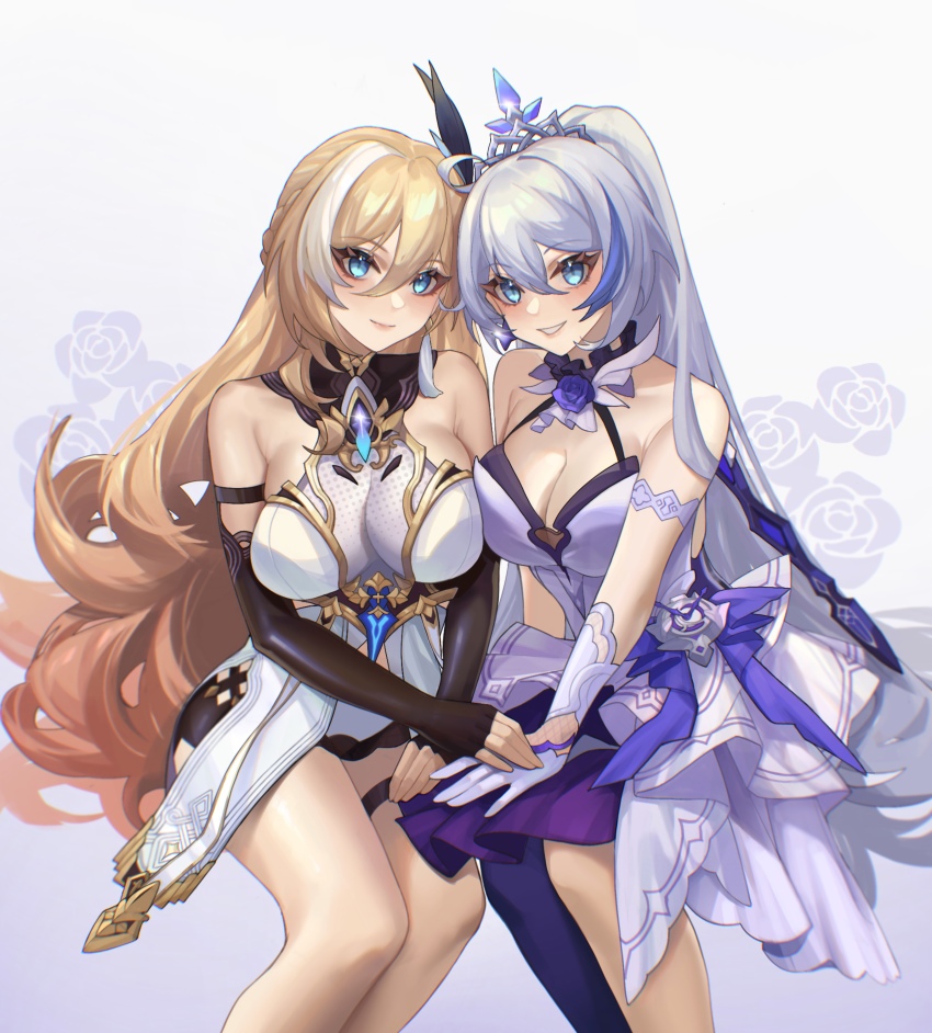 2girls, absurdres, bare_shoulders, durandal_(honkai_impact), blonde_hair, blue_eyes, breasts, cleavage