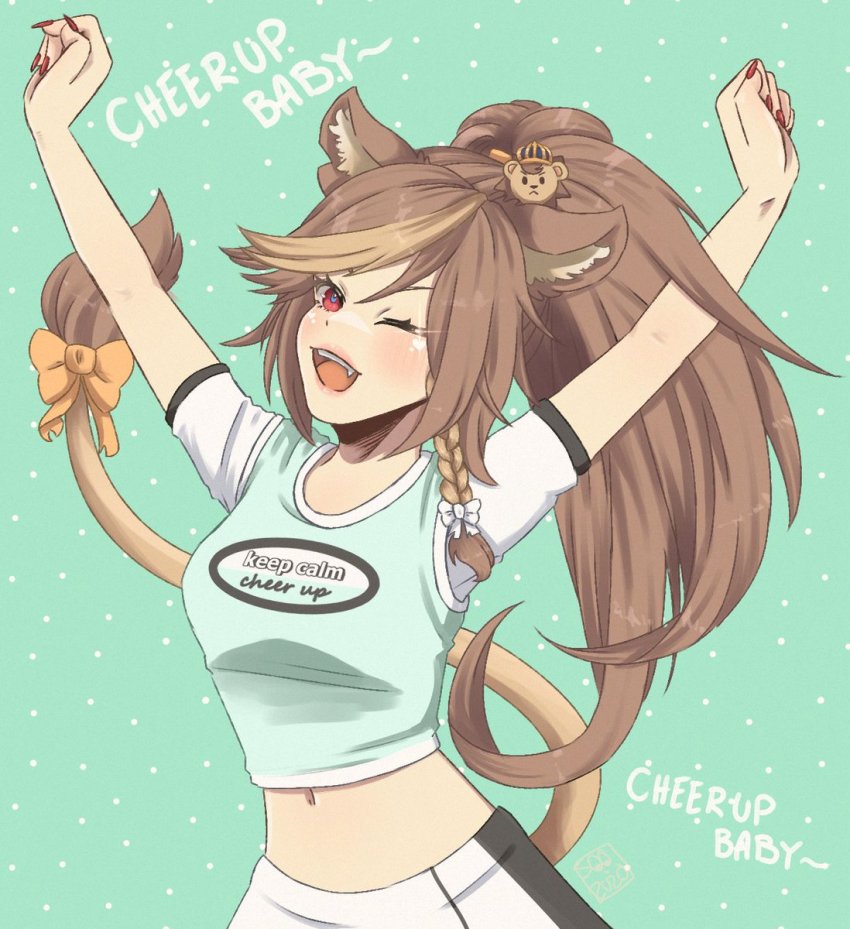 1girl, bow, breasts, brown_hair, cheer_up_(twice), clenched_hands, commentary, cosplay, english_commentary, english_text, fangs, green_background, green_shirt, hazumi_aileen, highres, indie_virtual_youtuber, k-pop, lion_girl, lion_hair_ornament, lion_tail, lyrics, medium_breasts, nail_polish, navel, nayeon_(twice), nayeon_(twice)_(cosplay), one_eye_closed, ponytail, shirt, skirt, solo, sooangelion, tail, tail_bow, tail_ornament, twice_(group), virtual_youtuber, white_skirt, yellow_bow