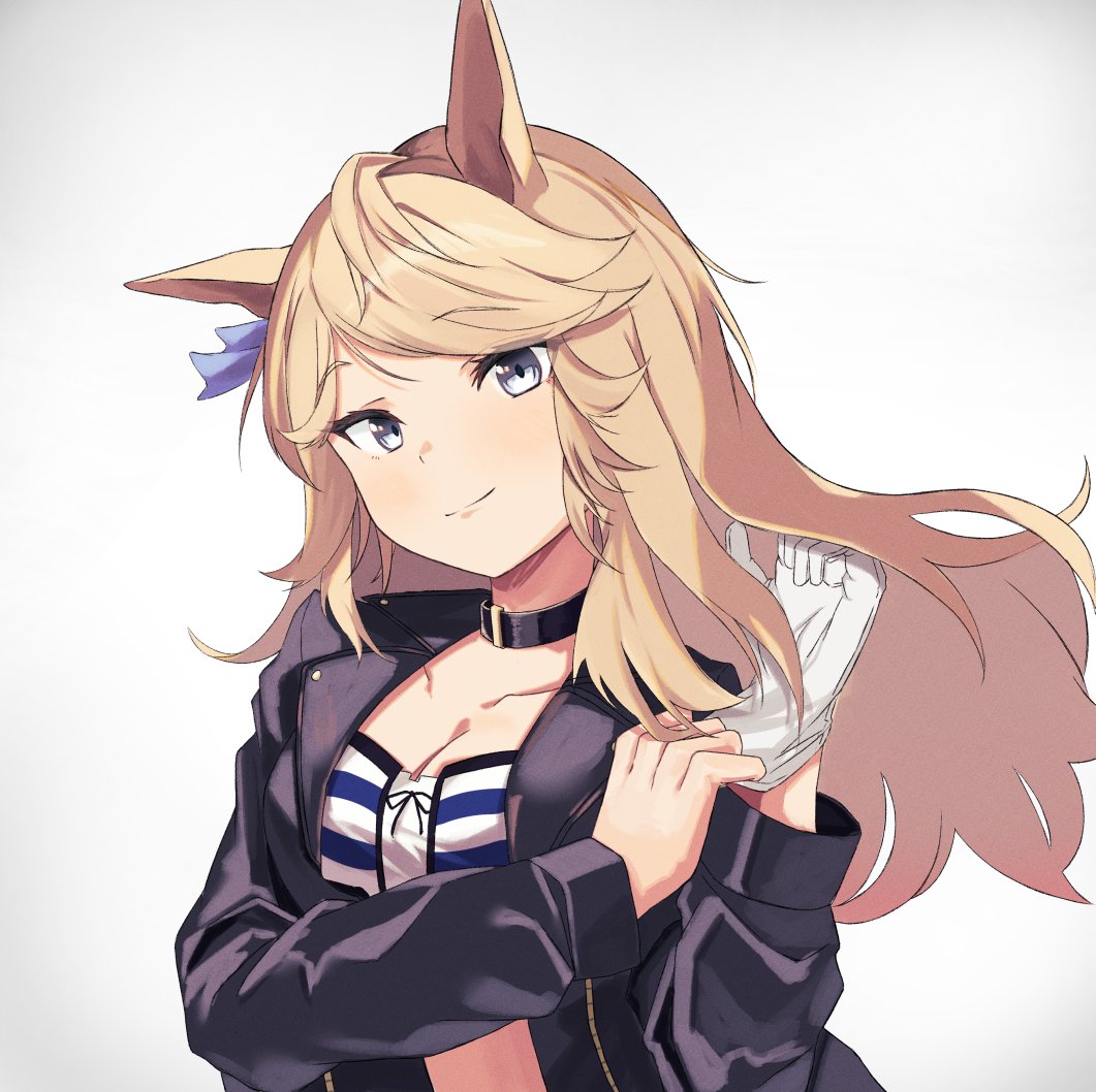 1girl, bandeau, black_choker, black_jacket, black_rabbit_77, blonde_hair, blue_ribbon, breasts