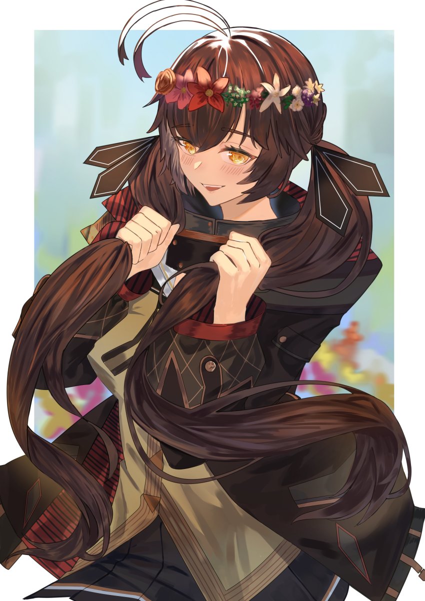 1girl, absurdres, antenna_hair, blush, brown_hair, commission, girls'_frontline, hair_ribbon