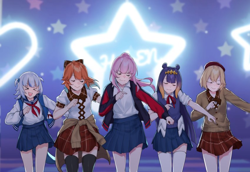 >_<, 5girls, :d, backlighting, beret, black_jacket, black_legwear, blouse