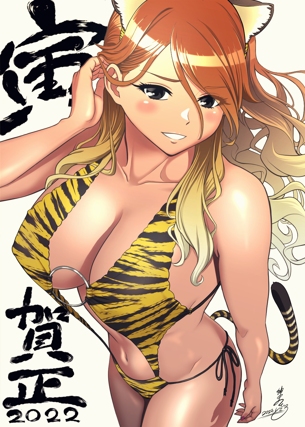 adjusting_hair, animal_ears, animal_print, bikini, chinese_zodiac, dark_skin, fingernails, highres