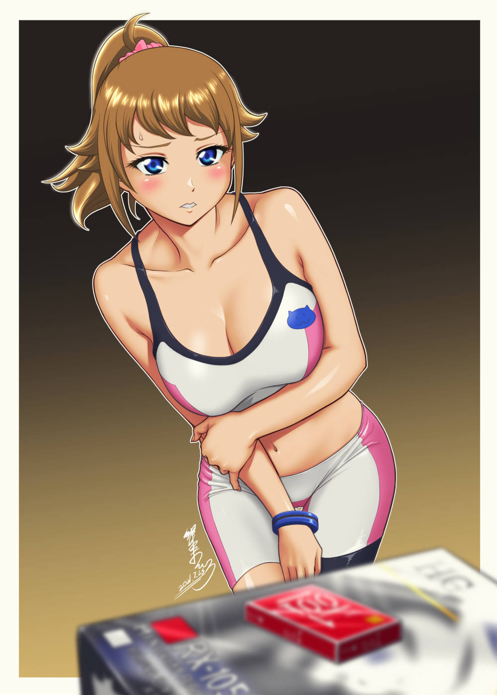 1girl, arm_under_breasts, bike_shorts, black_background, blue_eyes, blurry, blurry_foreground, blush, bracelet, breasts, brown_hair, cleavage, collarbone, commentary_request, condom_box, cowboy_shot, dated, gradient_background, gundam, gundam_build_fighters, gundam_build_fighters_try, gunpla, hand_on_own_arm, highres, hoshino_fumina, jewelry, kijinaka_mahiro, large_breasts, leaning_to_the_side, looking_at_object, medium_hair, midriff, model_kit, navel, okamoto_condoms, open_clothes, outline, parted_lips, partial_commentary, ponytail, scrunchie, shorts, sidelocks, signature, simple_background, solo, sports_bra, standing, sweat, thigh_gap, two-tone_sports_bra, white_shorts, white_sports_bra, yellow_background