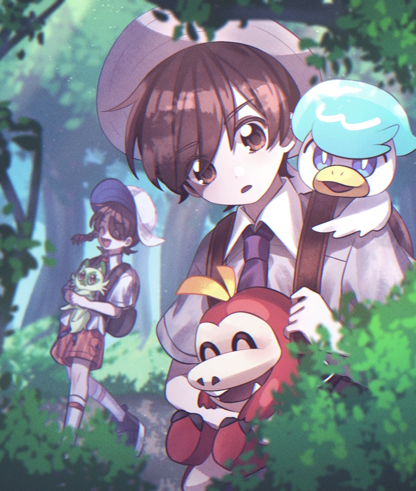 1boy, 1girl, appleheart04, backpack, bag, blurry, brown_bag, brown_eyes