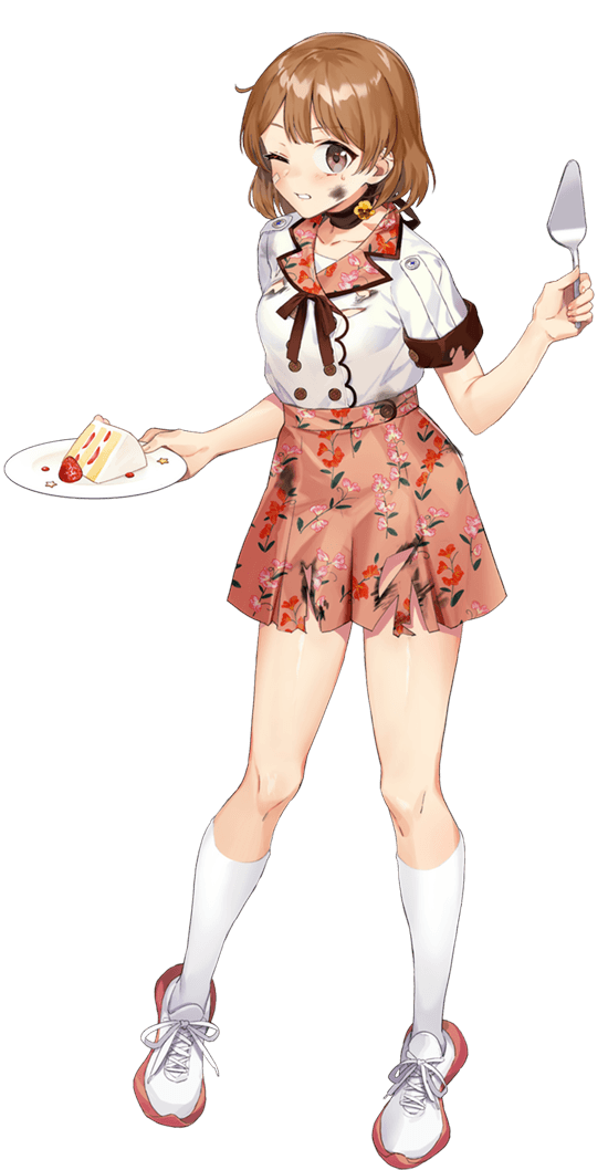 1girl, alternate_costume, blush, brown_eyes, buttons, cake, closed_eyes, collarbone, defeat, drew_(drew213g), food, full_body, holding, holding_plate, kantai_collection, kneehighs, light_brown_hair, oboro_(9th_anniversary)_(kancolle), oboro_(kancolle), official_art, one_eye_closed, open_mouth, plate, pleated_skirt, shirt, shoes, short_hair, short_sleeves, skirt, smile, sneakers, socks, solo, torn_clothes, torn_shirt, torn_skirt, transparent_background, white_shirt, white_socks