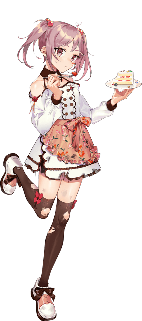 1girl, alternate_costume, brown_thighhighs, cake, cake_slice, defeat, drew_(drew213g), food, fork, full_body, hair_bobbles, hair_ornament, holding, holding_fork, holding_plate, kantai_collection, long_sleeves, official_art, pet, pink_eyes, pink_hair, plate, sazanami_(9th_anniversary)_(kancolle), sazanami_(kancolle), shoes, short_hair, solo, thighhighs, torn_clothes, torn_thighhighs, transparent_background, twintails, v, white_shoes, white_thighhighs