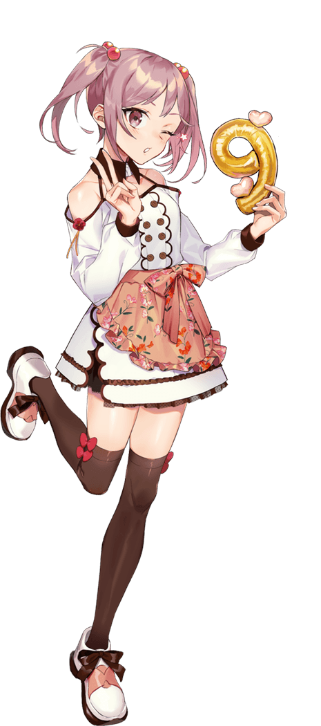 1girl, alternate_costume, anniversary, brown_thighhighs, drew_(drew213g), full_body, hair_bobbles, hair_ornament, kantai_collection, long_sleeves, official_art, one_eye_closed, open_mouth, pet, pink_eyes, pink_hair, sazanami_(9th_anniversary)_(kancolle), sazanami_(kancolle), shoes, short_hair, smile, solo, thighhighs, transparent_background, twintails, v, white_shoes, white_thighhighs